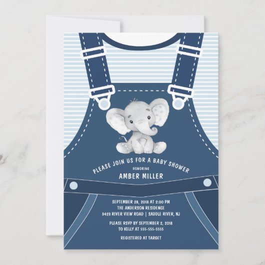 Cute Overalls ELEPHANT Baby shower Invitation Kaart (Voorkant)