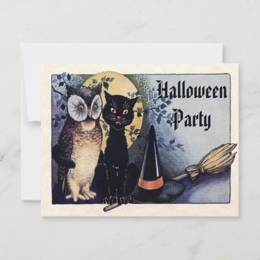 Cute  Owl and Cat Halloween Party Kaart (Voorkant)