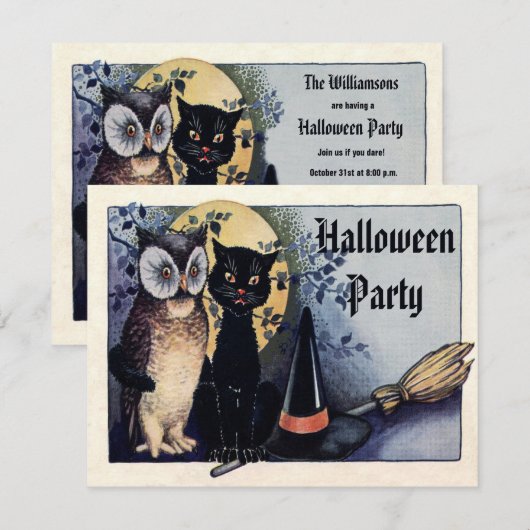 Cute  Owl and Cat Halloween Party Kaart (Voorkant / Achterkant)