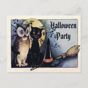 Cute Owl and Cat Halloween Party Kaart