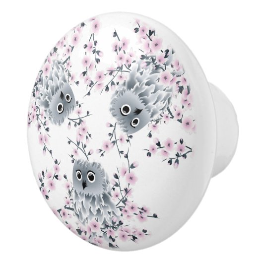 Cute Owl and Cherry Blossom Keramische Knop (Rechts)