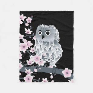 Cute Owl and Cherry Blossom Pink Black Fleece Deken