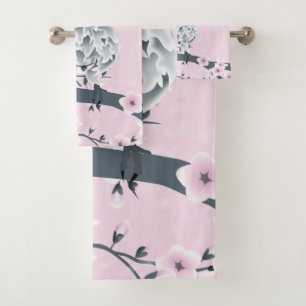 Cute Owl and Cherry Blossom Pink Grey Bad Handdoek