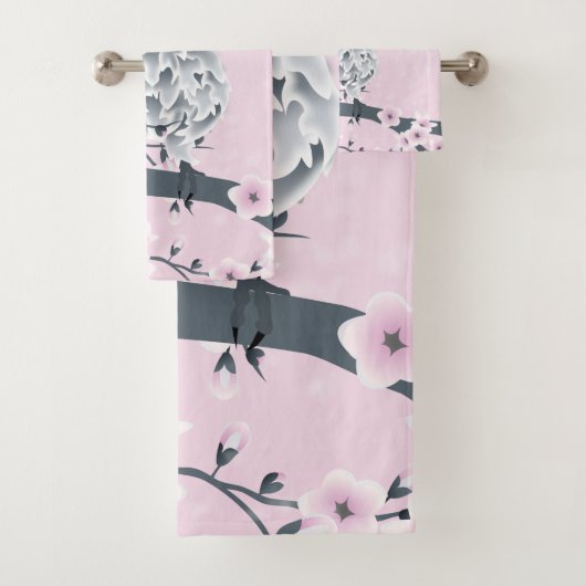 Cute Owl and Cherry Blossom Pink Grey Bad Handdoek (Insitu)