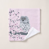 Cute Owl and Cherry Blossom Pink Grey Bad Handdoek (Wasdoekje)