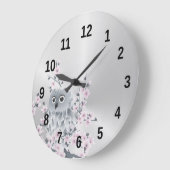 Cute Owl and Cherry Blossom Silver Grote Klok (Hoek)