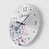Cute Owl and Cherry Blossom Silver Monogram Grote Klok (Hoek)