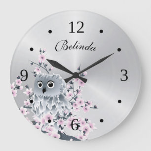 Cute Owl and Cherry Blossom Silver Monogram Grote Klok