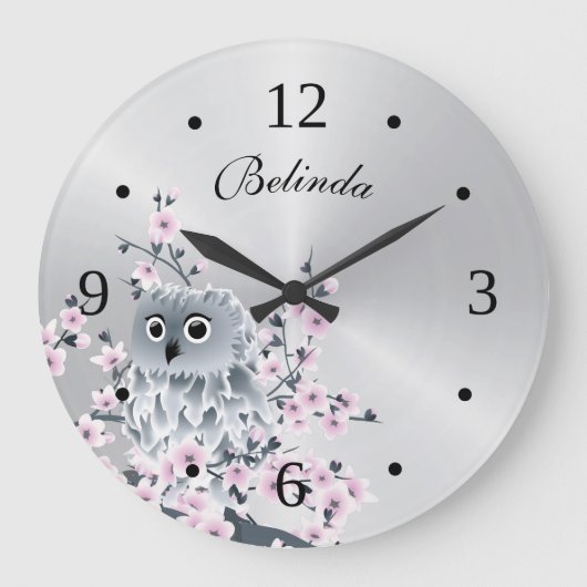 Cute Owl and Cherry Blossom Silver Monogram Grote Klok (Voorkant)