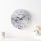 Cute Owl and Cherry Blossom Silver Monogram Grote Klok (Huis)