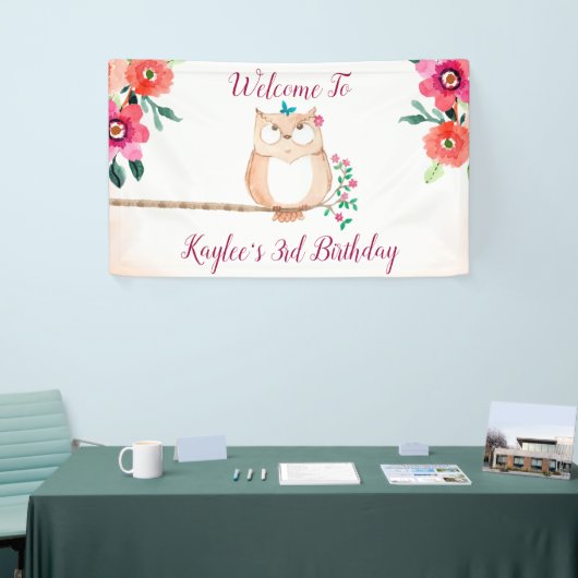 Cute Owl and Pink Floral Birthday Spandoek (Beurs)