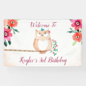 Cute Owl and Pink Floral Birthday Spandoek (Horizontaal)
