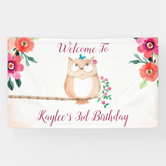 Cute Owl and Pink Floral Birthday Spandoek (Horizontaal)