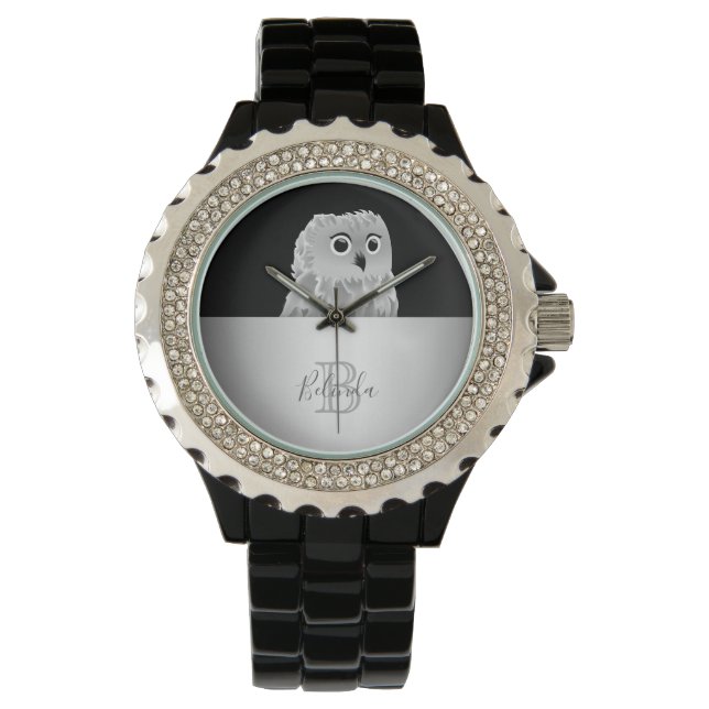 Cute Owl Animal Monogram White Silver Black Horloge (Voorkant)
