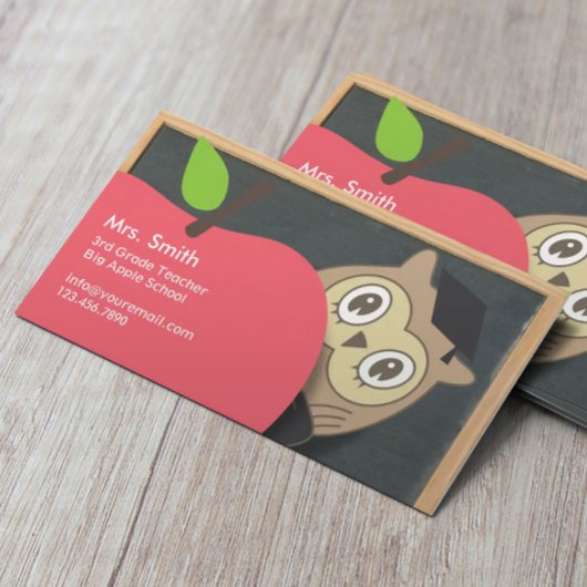 Cute Owl & Apple Chalkboard Teacher Visitekaartje