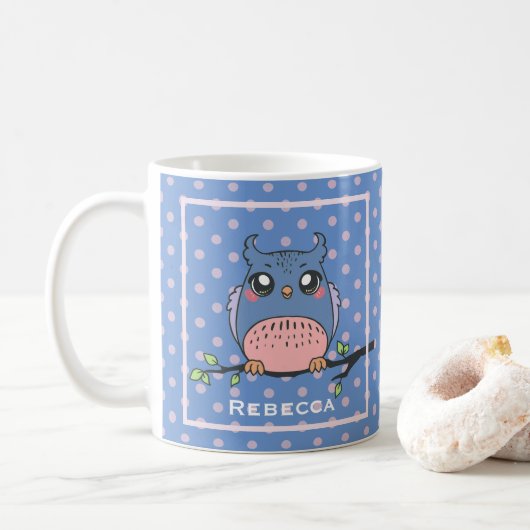 Cute Owl Art Dotty Personalised Blue and Pink  Koffiemok (Met donut)