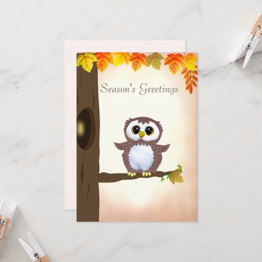 Cute Owl Autumn Season's Greetings Kaart (Voorkant / Achterkant in situ)