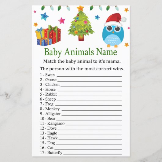 Cute Owl Baby Animals Name Game baby shower (Voorkant)