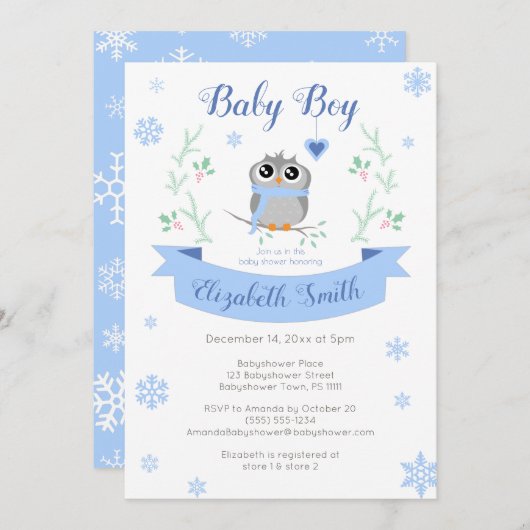 Cute owl baby boy winter babyshower kaart (Voorkant / Achterkant)