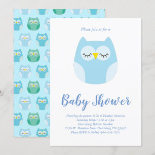 Cute Owl Baby shower Blue Bird Boy Kaart