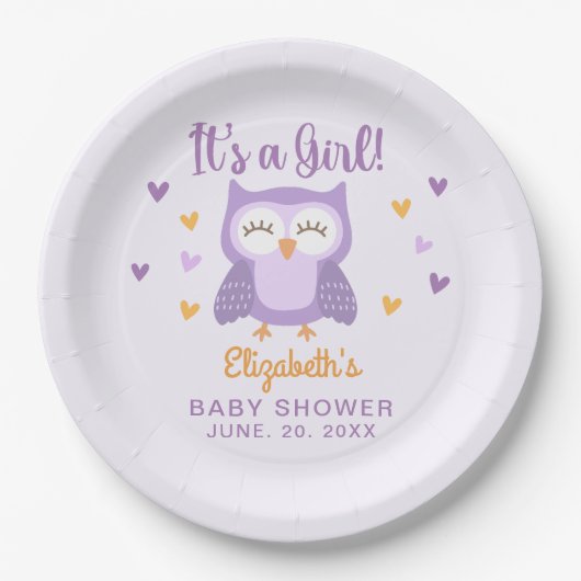 Cute Owl Baby Shower Girl Papieren Bordje (Voorkant)