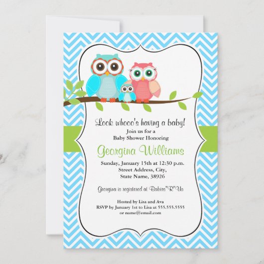 Cute Owl Baby shower Invitation / Blue Green Kaart (Voorkant)