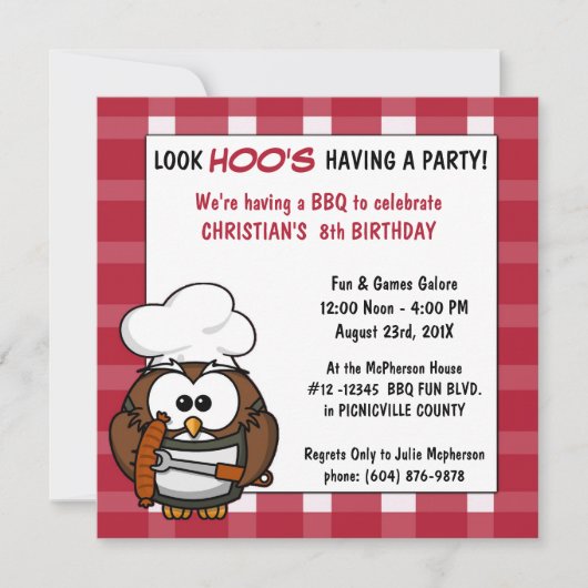 Cute Owl Barbecue Picnic Birthday Party Invitation Kaart (Voorkant)