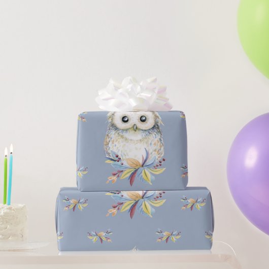 Cute Owl beige and blue Grey background Cadeaupapier (Feestgeschenken)