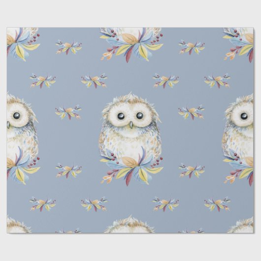 Cute Owl beige and blue Grey background Cadeaupapier (Vlak)