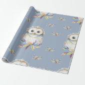 Cute Owl beige and blue Grey background Cadeaupapier (Uitgerold)