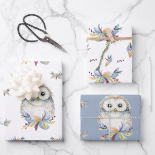 Cute Owl beige en blauwe waterverf Inpakpapier Vel