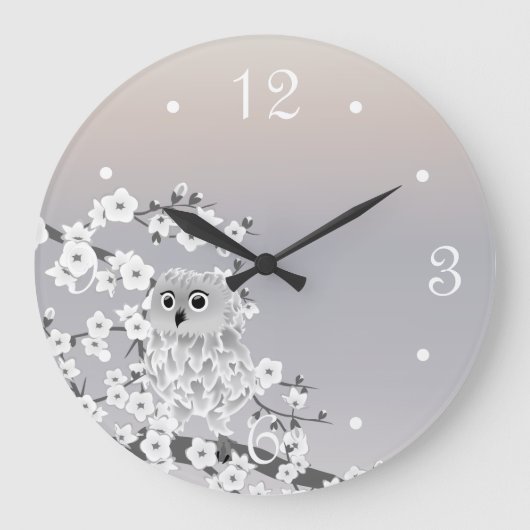 Cute Owl Beige Taupe White Numbers Grote Klok (Voorkant)