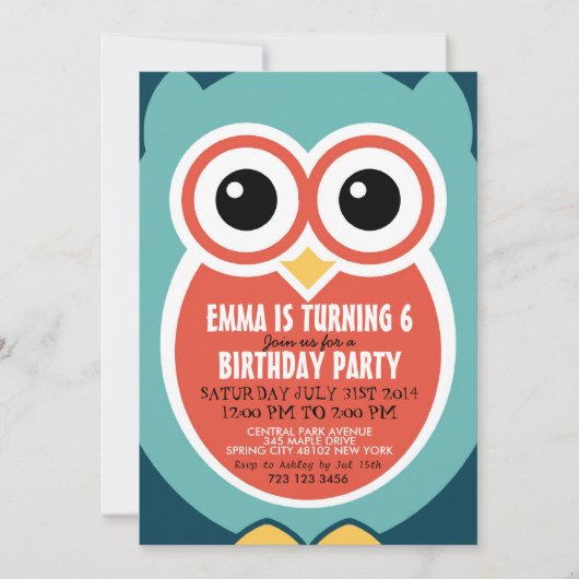Cute Owl Bird Birthday Invitation Kaart for Kids (Voorkant)