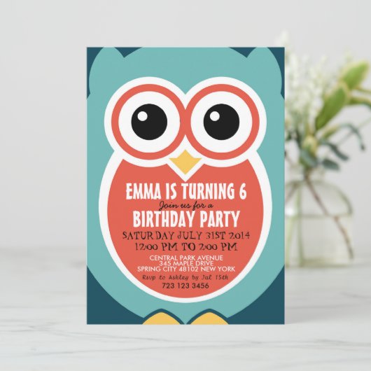 Cute Owl Bird Birthday Invitation Kaart for Kids (Staand voorkant)