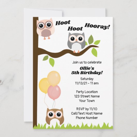 Cute Owl Birthday Invitation Kaart (Voorkant)