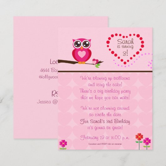 Cute Owl Birthday Invitation Kaart (Voorkant / Achterkant)