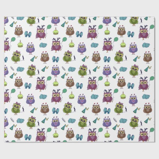 Cute Owl Birthday Pattern | wit Cadeaupapier (Vlak)