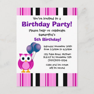 Cute Owl Birthday Pink Paarse Party Invitation Kaart