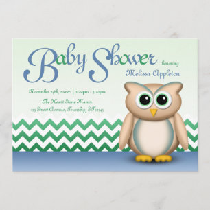 Cute Owl - Blue & Green Chevron Baby shower Kaart