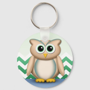 Cute Owl - Blue & Green Chevron Sleutelhanger