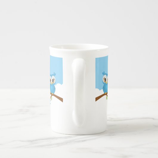Cute Owl Boy op een Branch Bone China Mok (Achterkant)