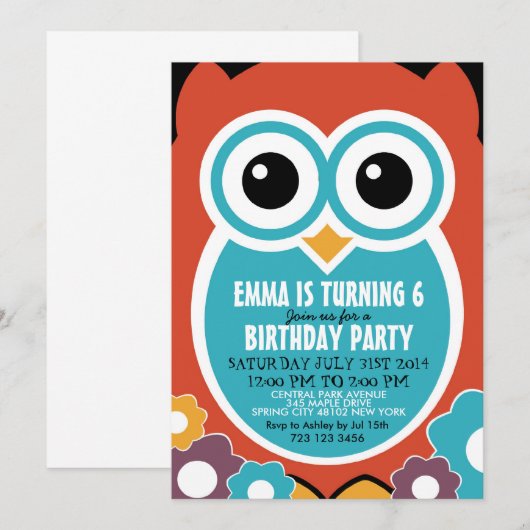 Cute Owl Cartoon Birthday Invitation Kaart voor ki (Voorkant / Achterkant)