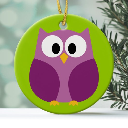 Cute Owl Cartoon - paars en groen Keramisch Ornament