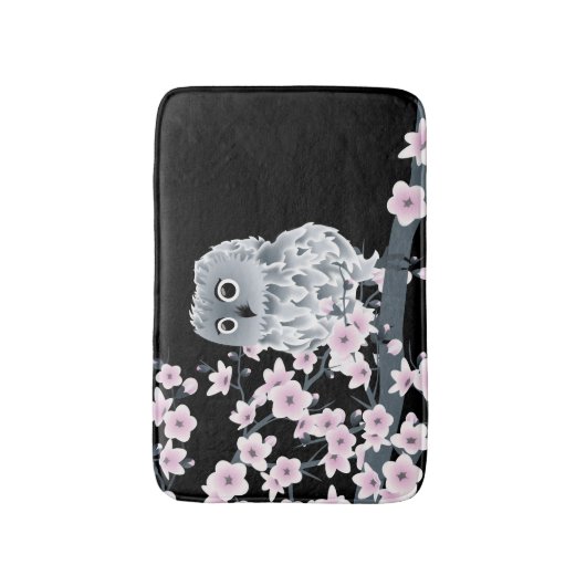 Cute Owl Cherry Blossom Black Roze Badmat (Voorkant Verticaal)