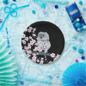 Cute Owl Cherry Blossom Black Roze Papieren Bordje (Feest)