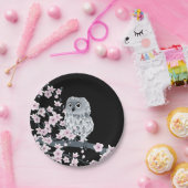 Cute Owl Cherry Blossom Black Roze Papieren Bordje (Feest)