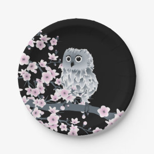 Cute Owl Cherry Blossom Black Roze Papieren Bordje