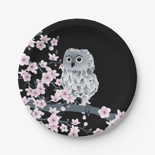 Cute Owl Cherry Blossom Black Roze Papieren Bordje (Voorkant)