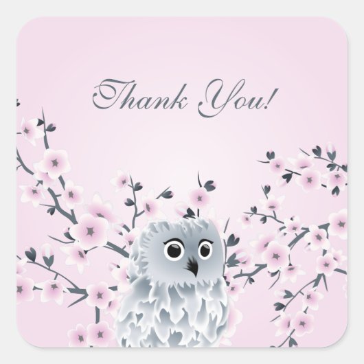 Cute Owl Cherry Blossom Dank u Vierkante Sticker (Voorkant)
