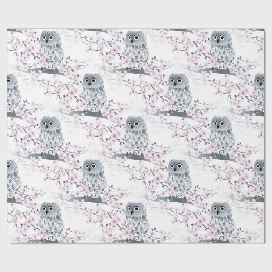 Cute Owl Cherry Blossom Pattern Cadeaupapier (Vlak)